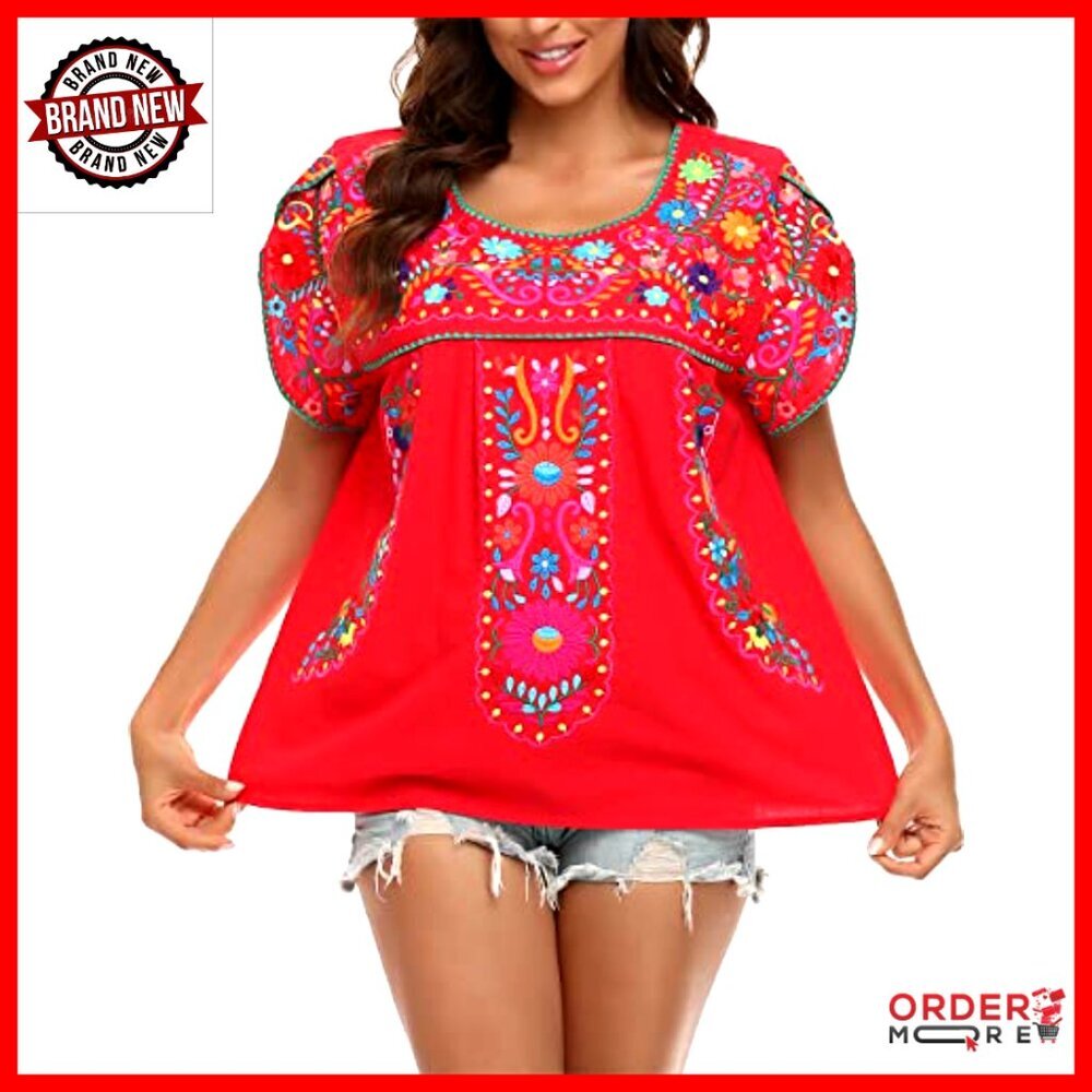 Boho Embroidery Tunic Top, Cotton Peasant Blouse, Relaxed Fit, True to Size - Picture 4 of 7